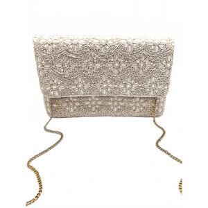 NEW PIZZAZZ women's handmade beaded floral clutch bag in ivory